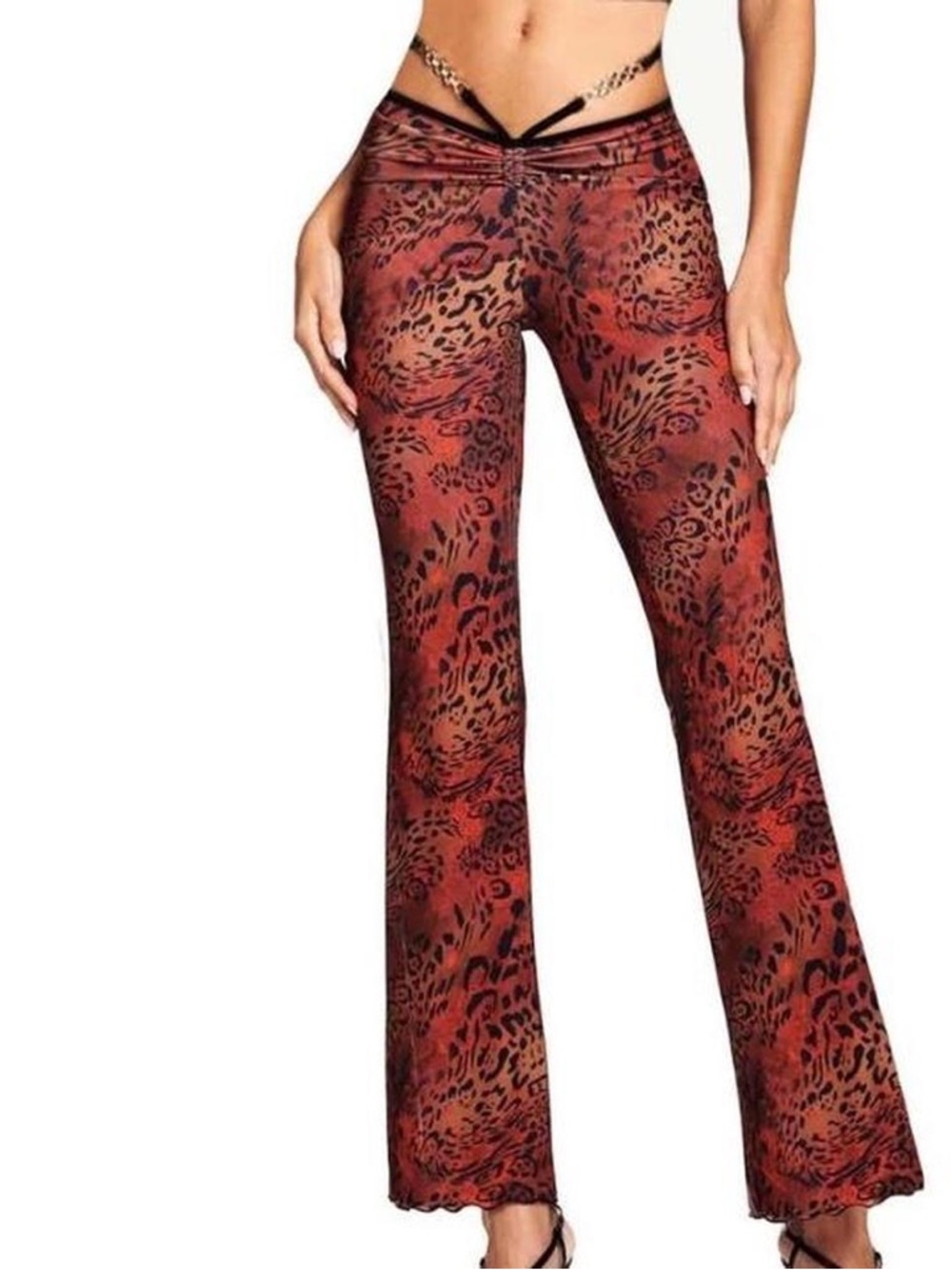 I.AM.GIA Alura Pants Red Leopard Print Gold Chain Flare Trousers Sz S Party Y2K